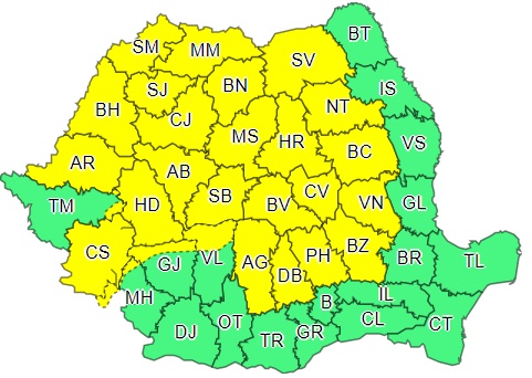 ANM: Cod galben de instabilitate atmosferica în 26 de județe și cod portocaliu în județul Suceava