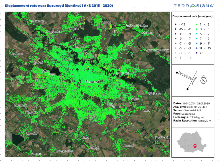 Deplasarea terenului din România din ultimii cinci ani, observată din satelit