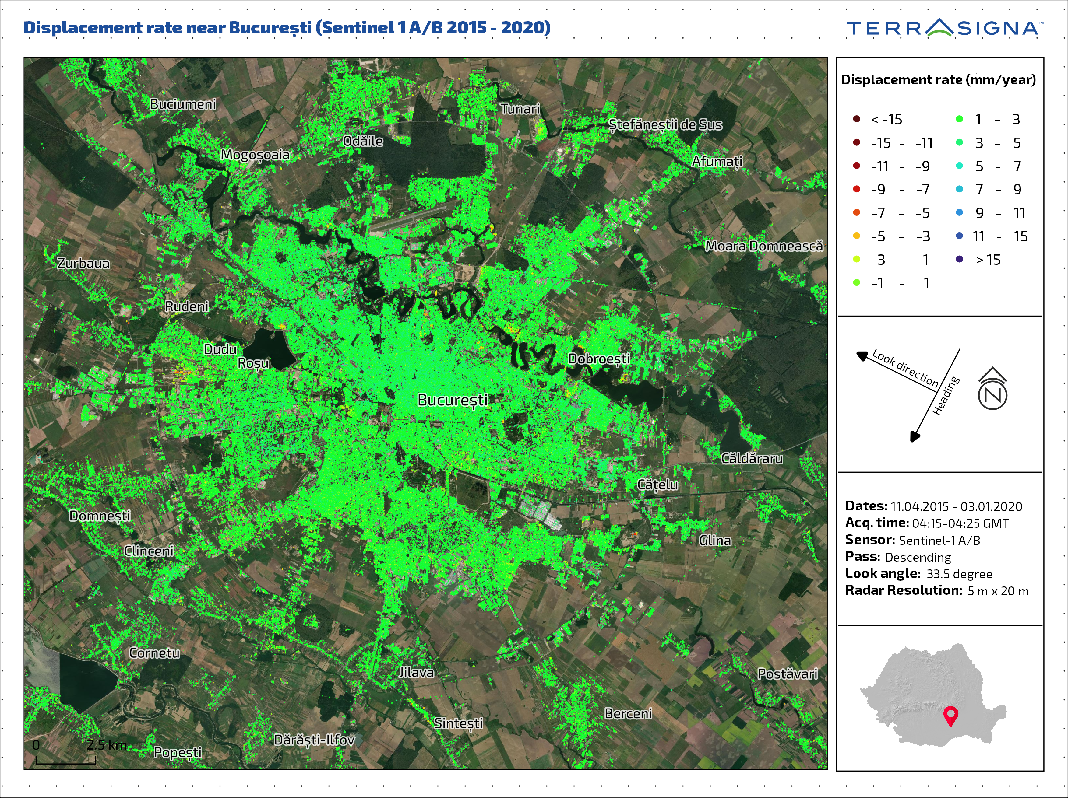 Deplasarea terenului din România din ultimii cinci ani, observată din satelit