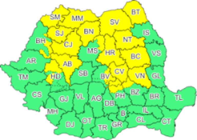 Cod galben de ploi și vijelii în mai multe județe din jumătatea de nord a țării