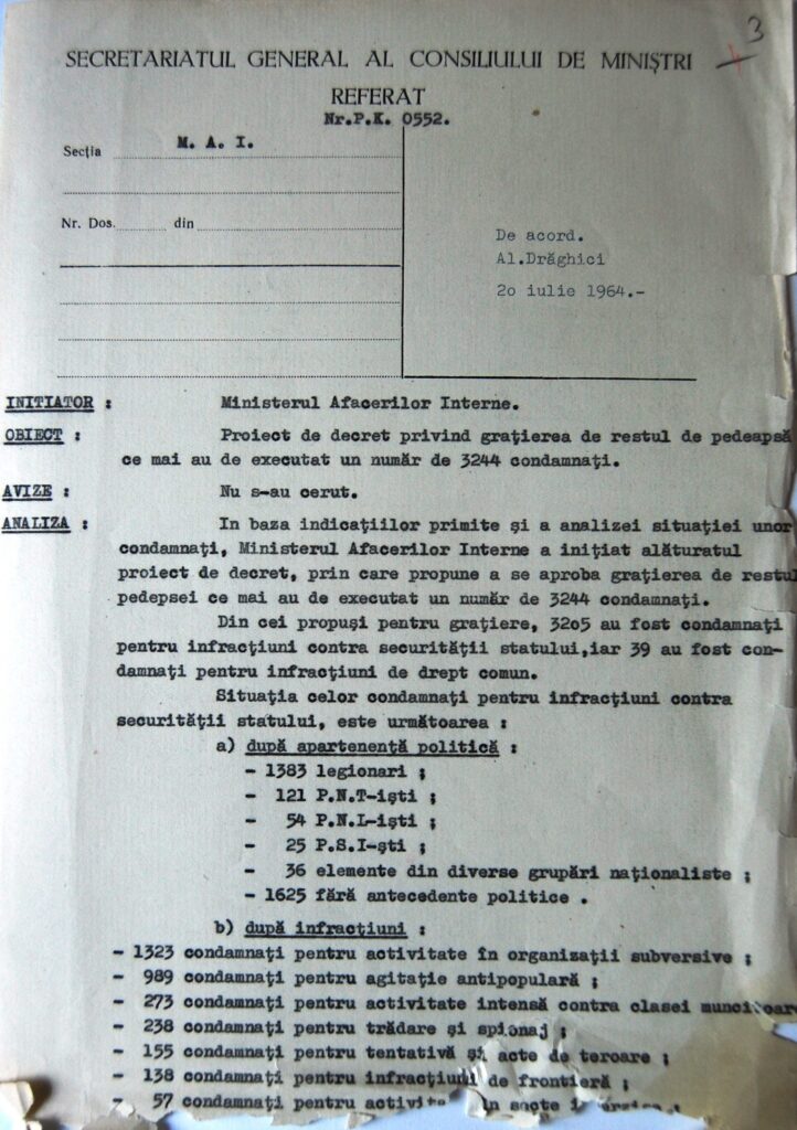 Decretul de eliberare a ultimilor deținuți politici din România comunistă. 1964. Sursa: Arhivele Naționale, cercetător Victor Dogaru