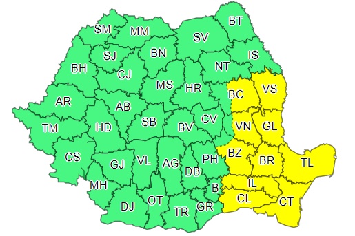 ANM: Cod galben de vânt puternic în 10 județe până vineri după-amiază