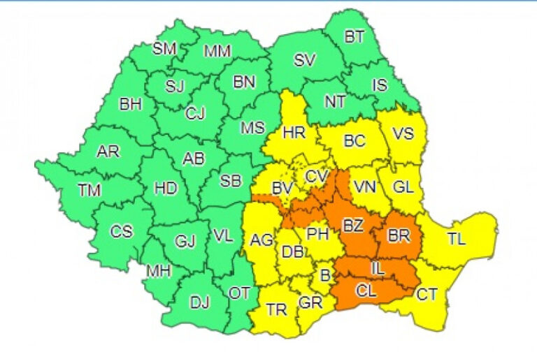 9 județe sub avertizare cod portocaliu / Cod galben în mai multe județe din sud-estul țării