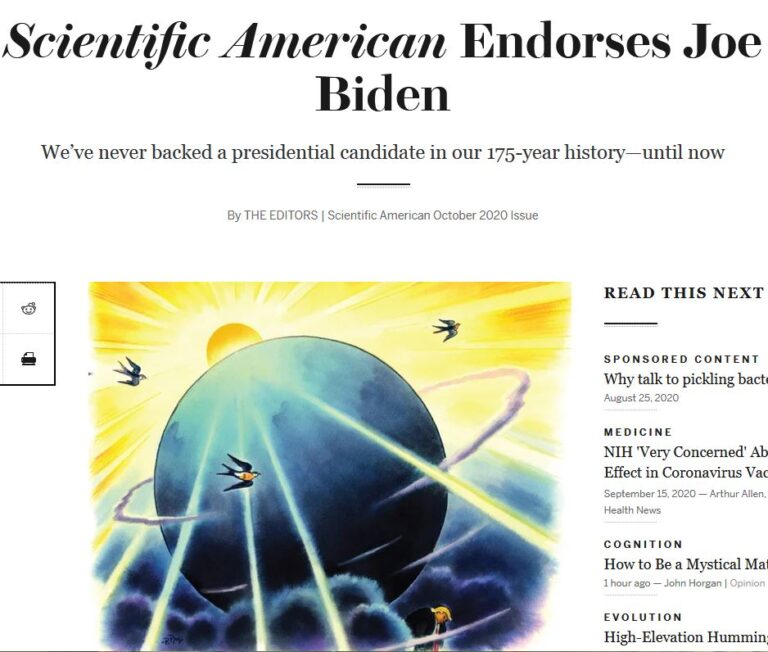 Scientific American renunță la neutralitate după 175 de ani de existență și anunță că îl susține pe Biden